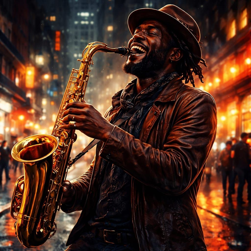 Street Musician's Joyful Portrait in Cinematic Style