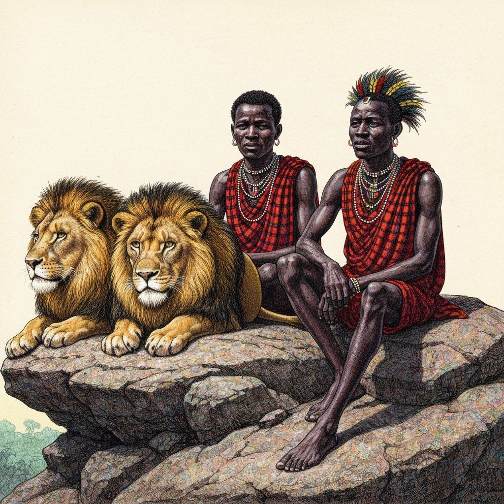 Masai Tribesmen with Lions on Outcrop