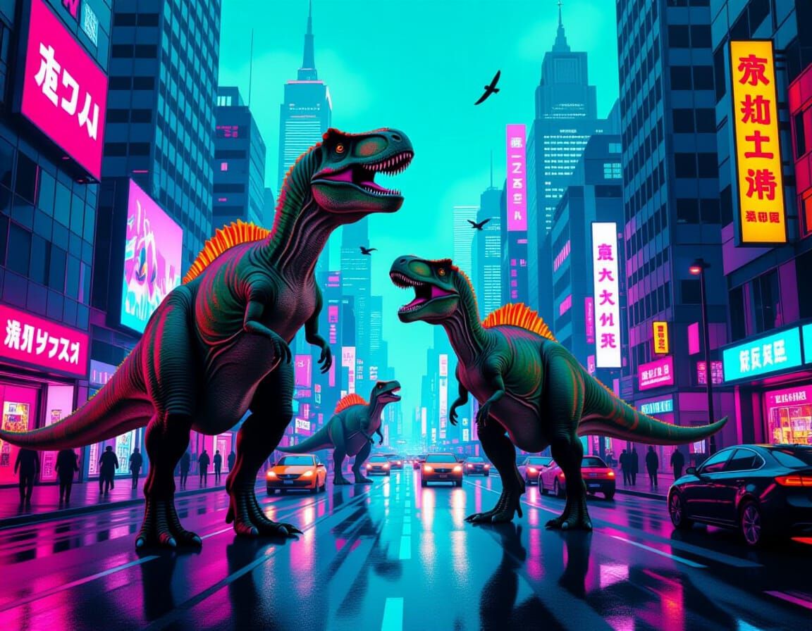 Neon Dinosaurs Roam City Street in Surreal Oil Painting