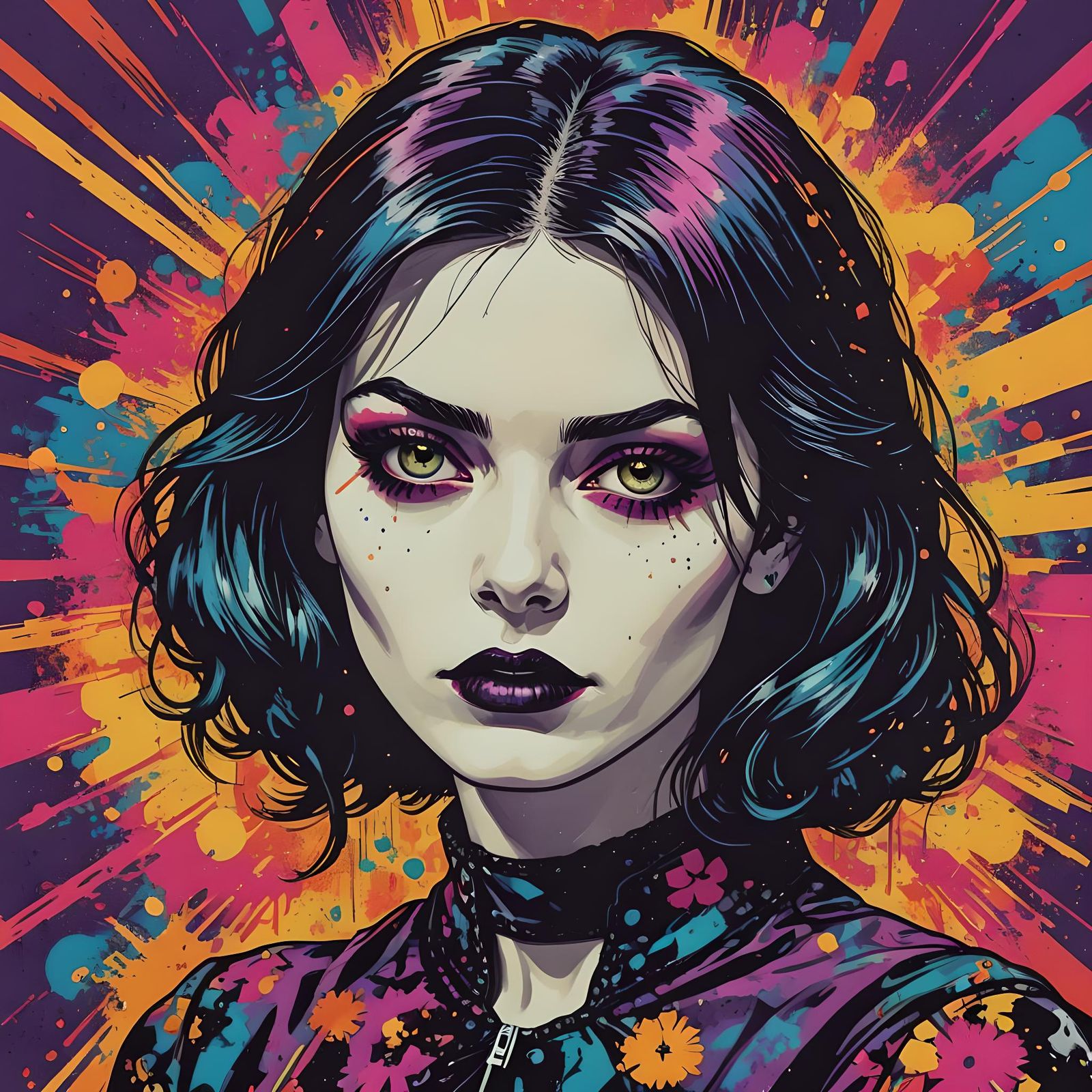 Goth Girl Pop Art Portrait in Vintage Style