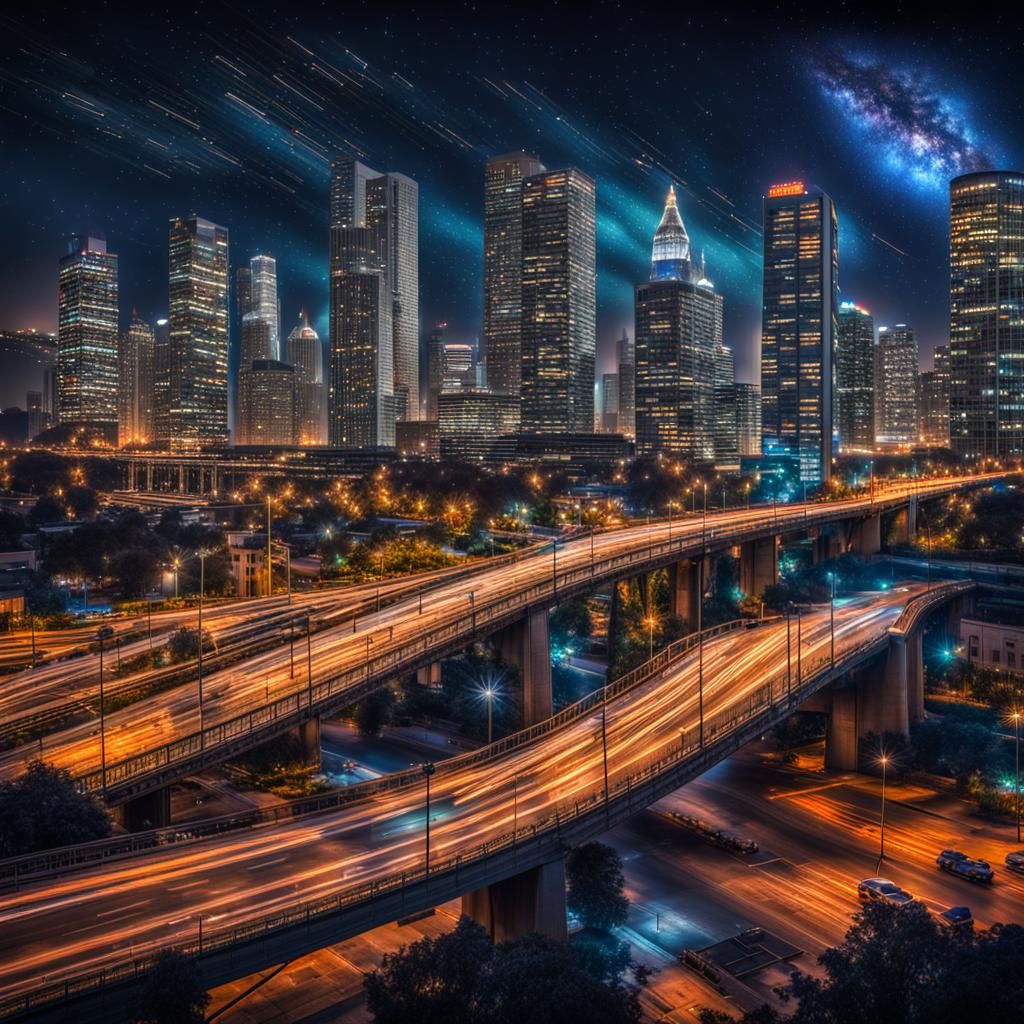 Night Cityscape with Shooting Stars in HDR