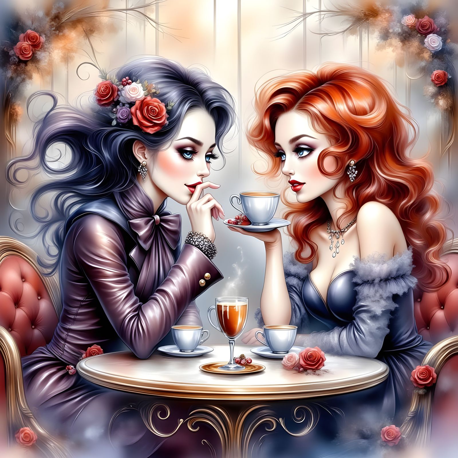 Morticia and Betty Boop in Cozy Watercolor Cafe