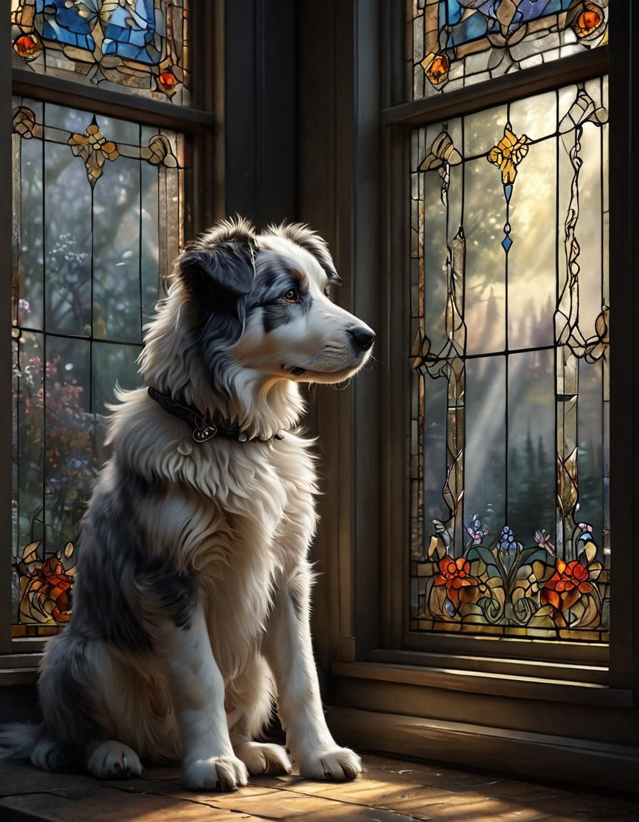 Anxious Australian Sheep Dog Puppy in Stained Glass