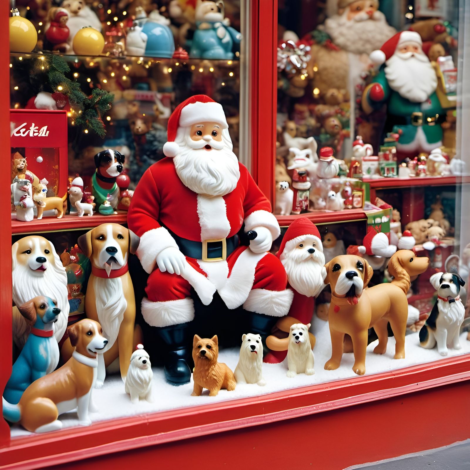 Festive Toy Shop Window Display with Santa and Dogs