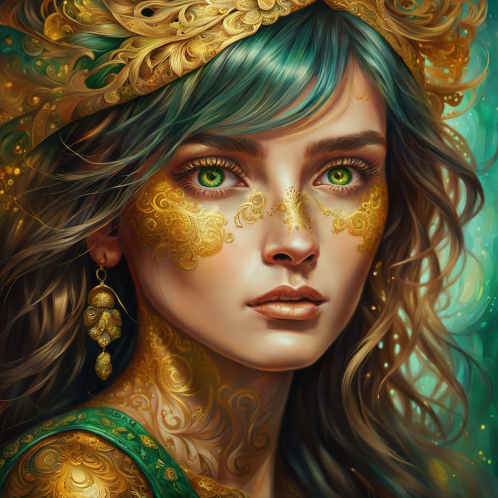 Emerald-Eyed Woman with Golden Tattoos as Oil Painting