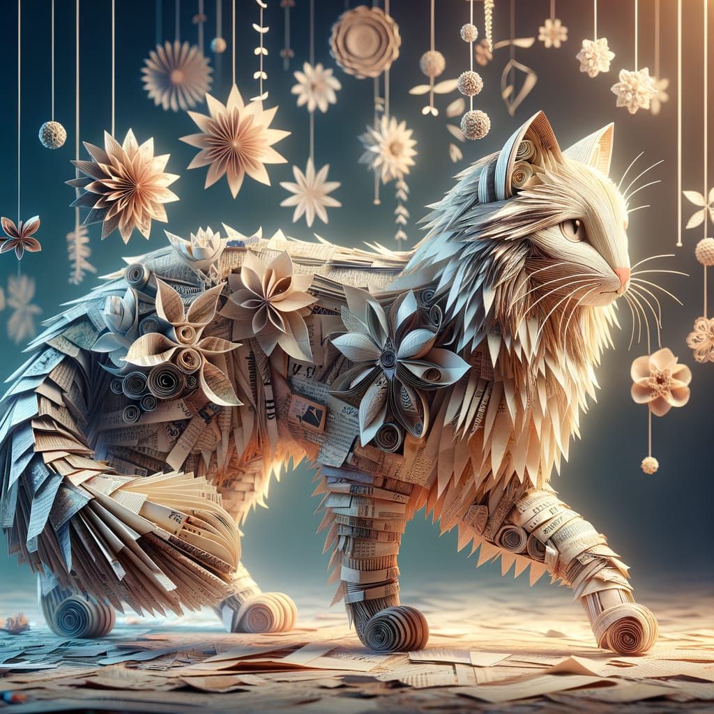 Intricately Detailed Paper Mache Cat Sculpture