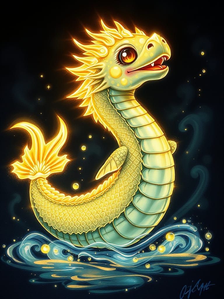 Bioluminescent Sea Serpent in Liquid Gold