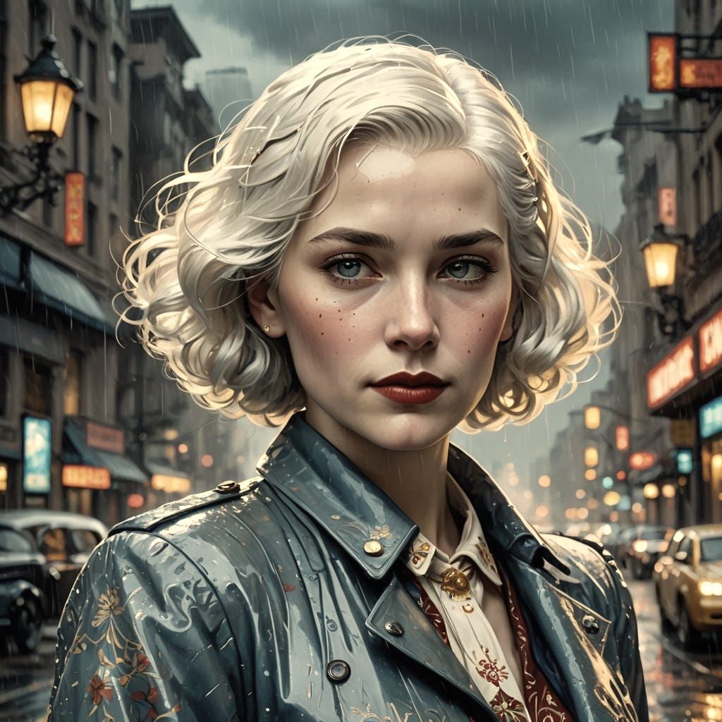 Rainy Day Portrait of Woman in 1940s Style