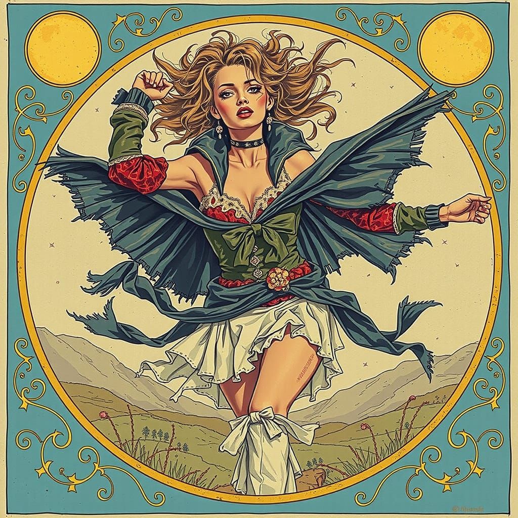 Glamorous Woman on Windswept Moor at Twilight