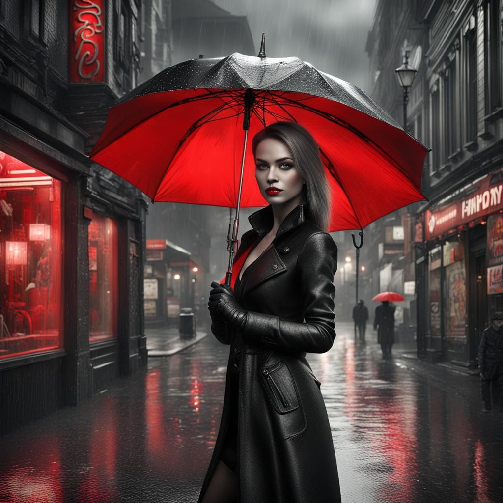 Woman with Red Umbrella in Grayscale Cityscape