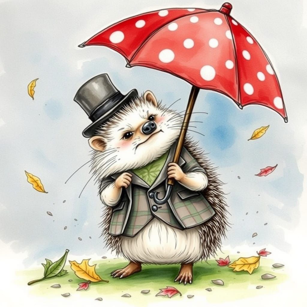 Whimsical Hedgehog in Tweed Waistcoat Lifted by Fierce Wind