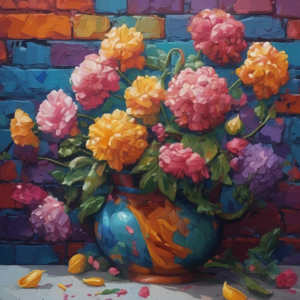 Surreal Wall With Flowers Oil Painting