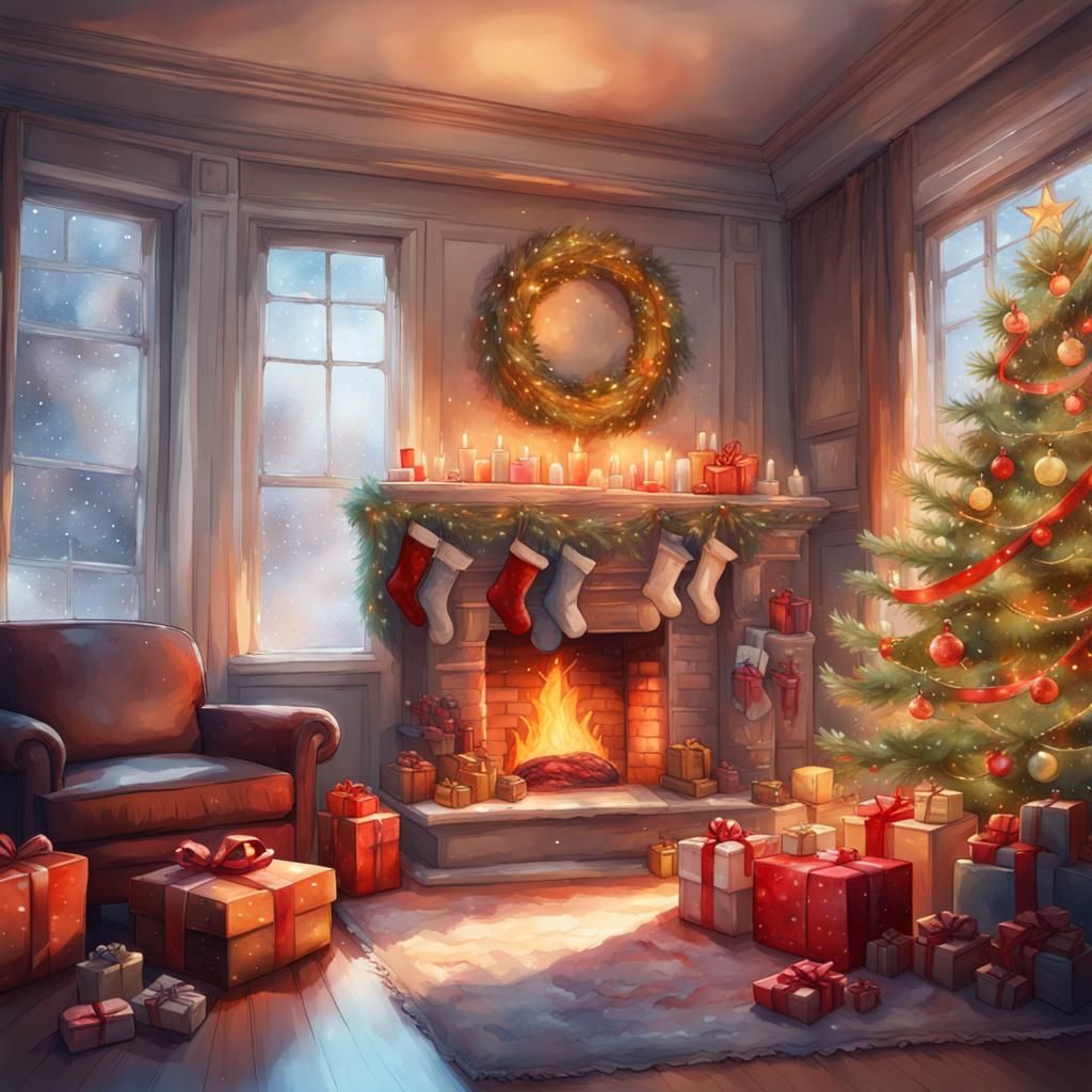 Aesthetic Watercolor Christmas Tree with Presents