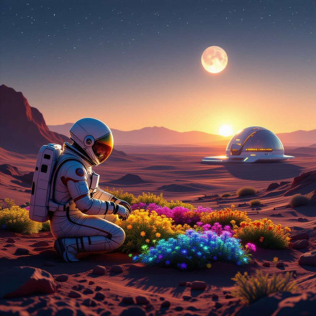 Astronaut Tends Martian Garden Under Binary Sunset