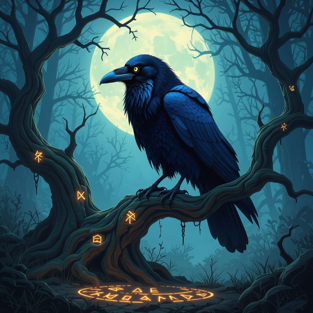 Mystical Raven in Moonlit Forest: Dark Fantasy Art