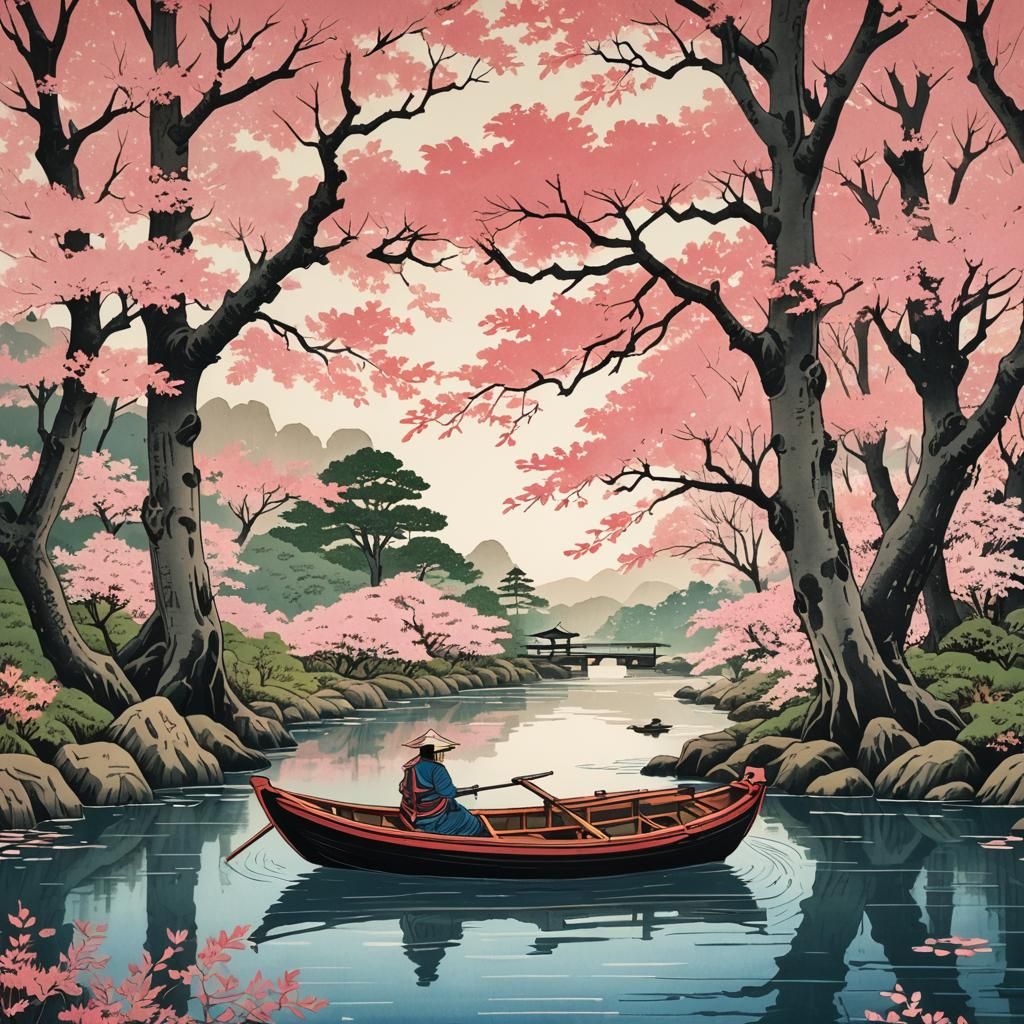 Ukiyo-e River Scene with Pink Leaves