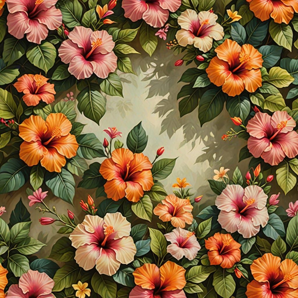 Tropical Hibiscus Wreath in Realistic Oil Paint Style