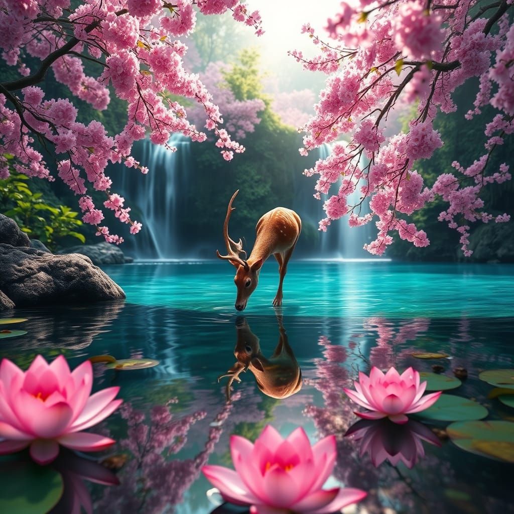 Serene Waterfall Scene with Regal Deer and Cherry Blossoms i...