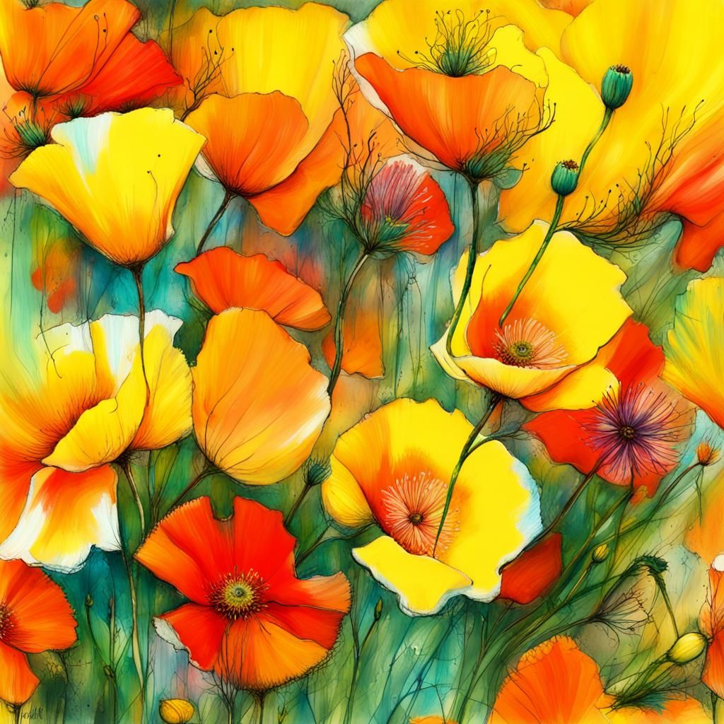 Joyful Summer Bouquet: Art Brut Botanical Illustration