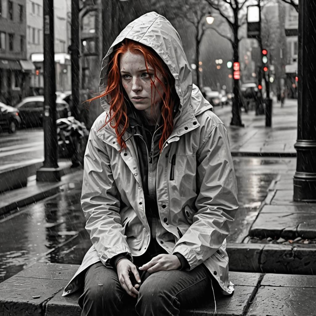 Redhead in Rainstorm: Realistic Black and White Watercolor