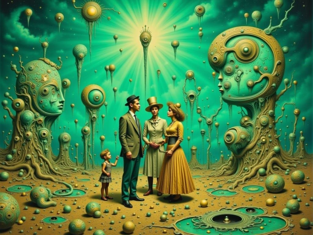 Surreal Family in Dreamscape with Melting Clocks