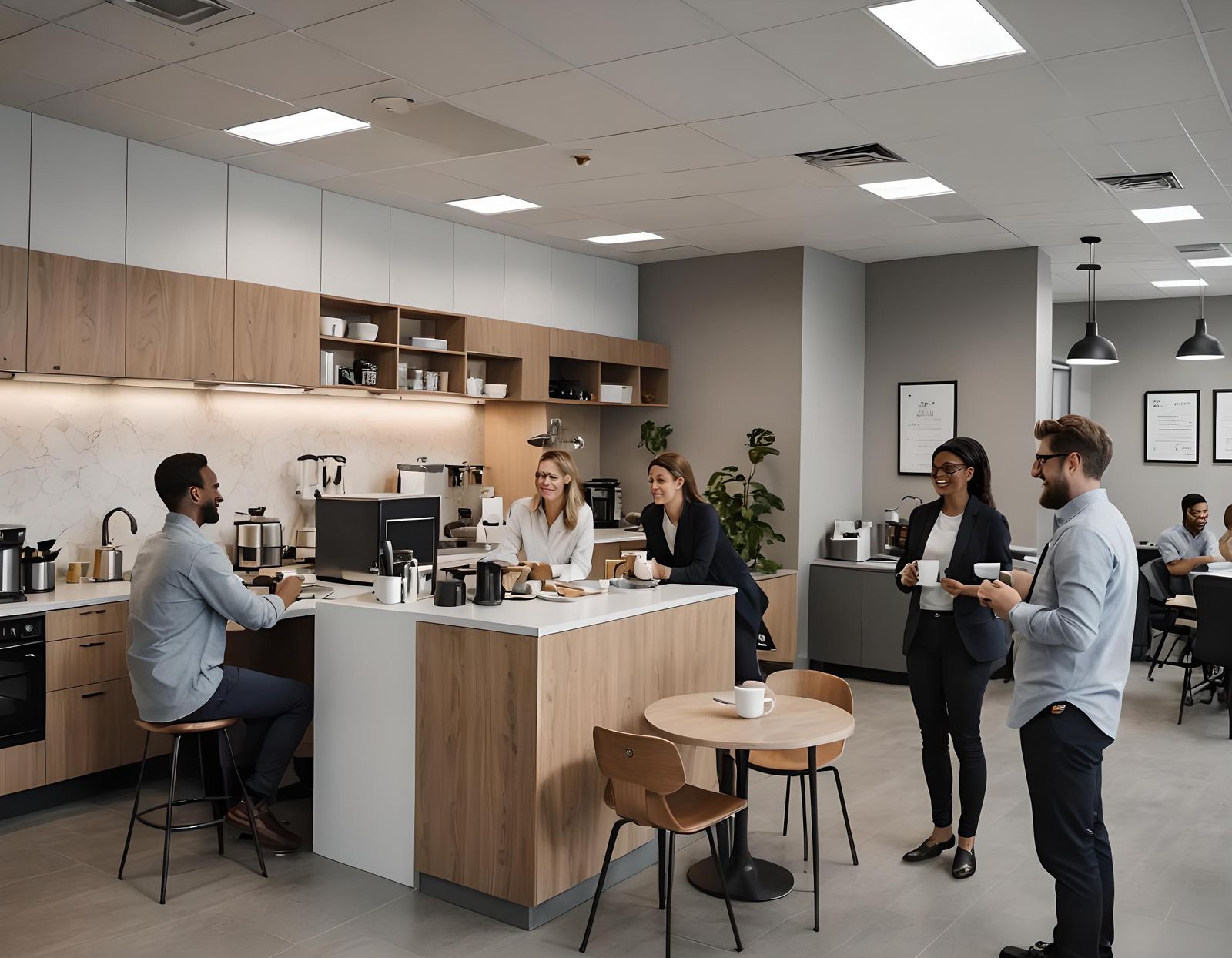 Relaxed Office Kitchen Scene Before Meeting