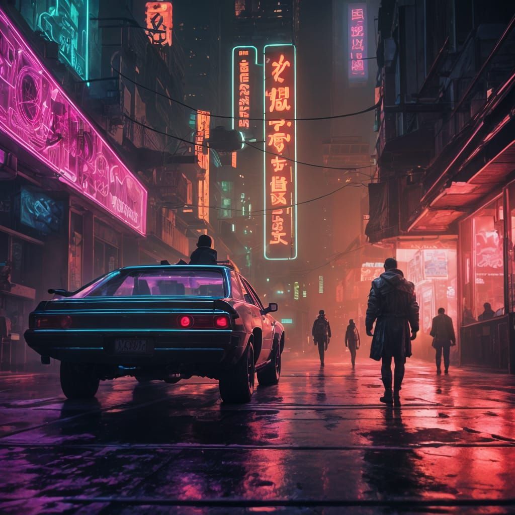 Cyberpunk Geisha in Neon-Lit Bar