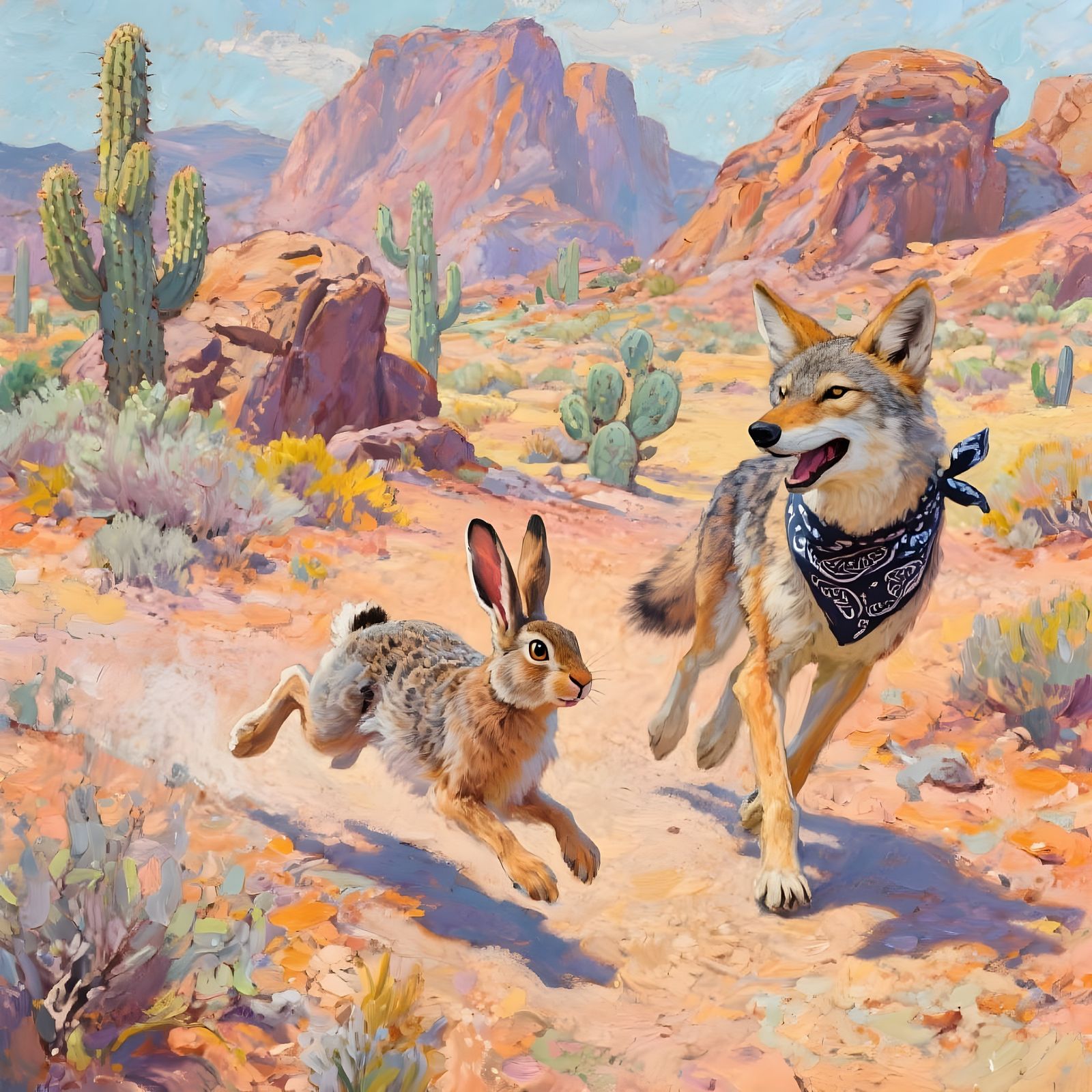 Jackrabbit Chases Coyote in Vibrant Desert