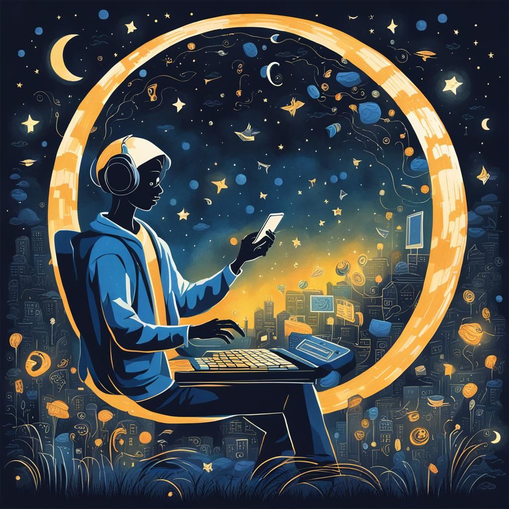 Magical Computer Dancing in Moonlight Illustration