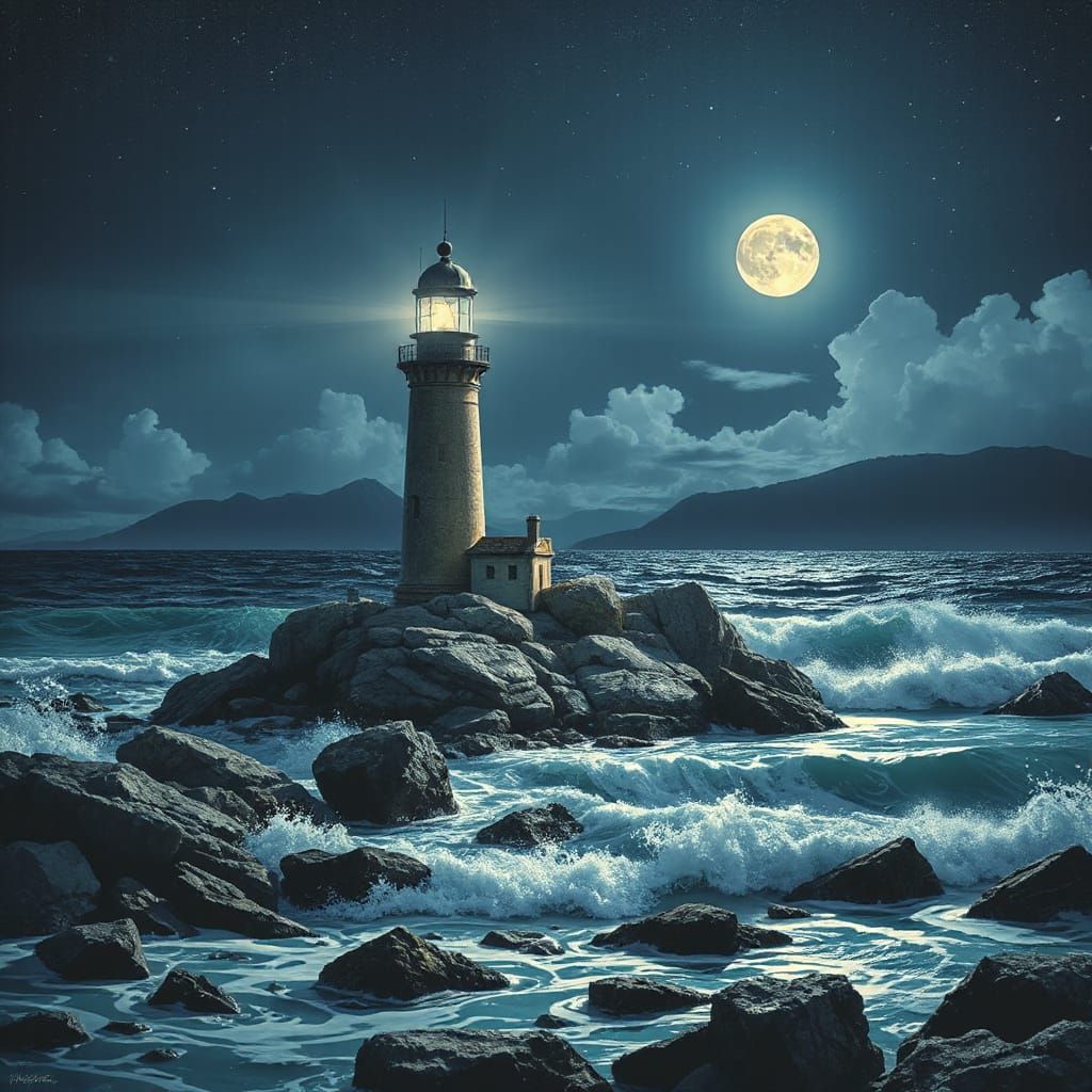 Lighthouse Beacon Guides Through Stormy Seas Under Moonlit S...