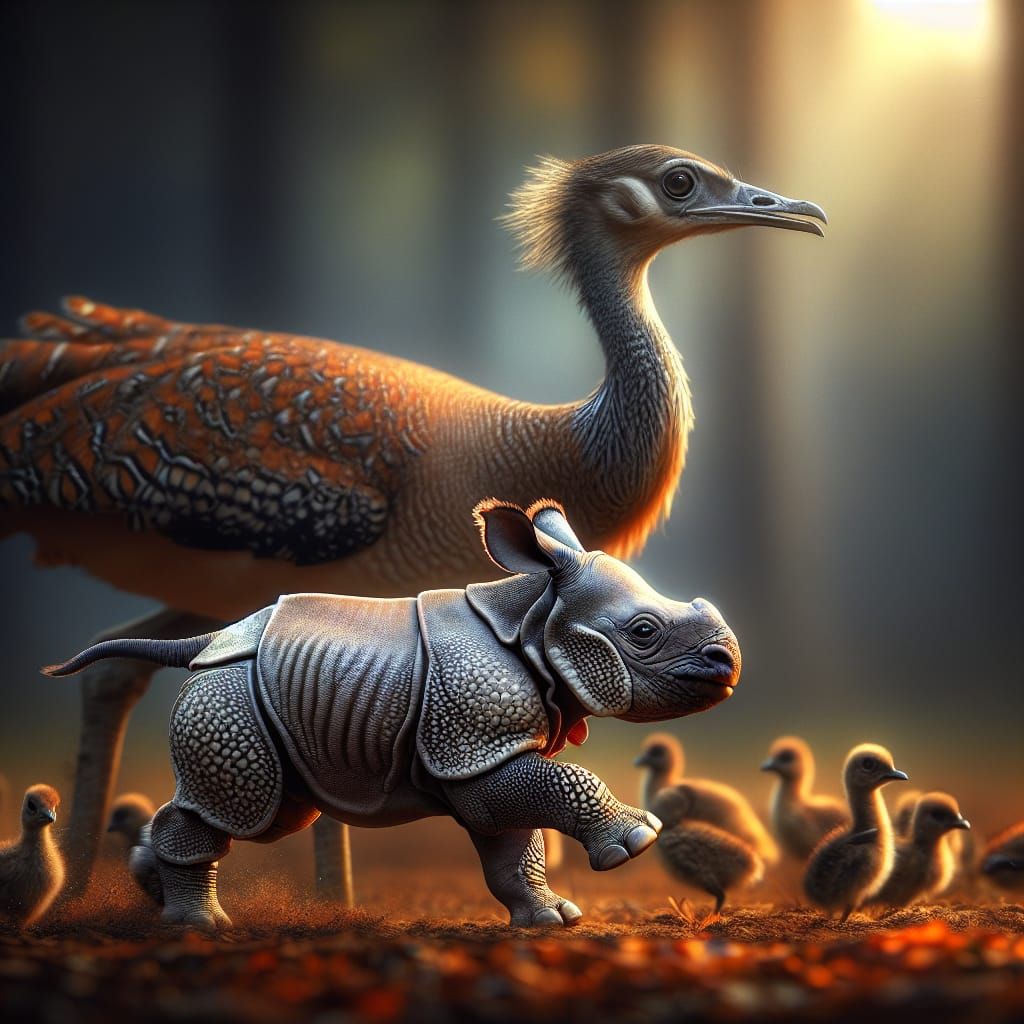Baby Rhino Chasing Bustard in Hyperrealistic Detail