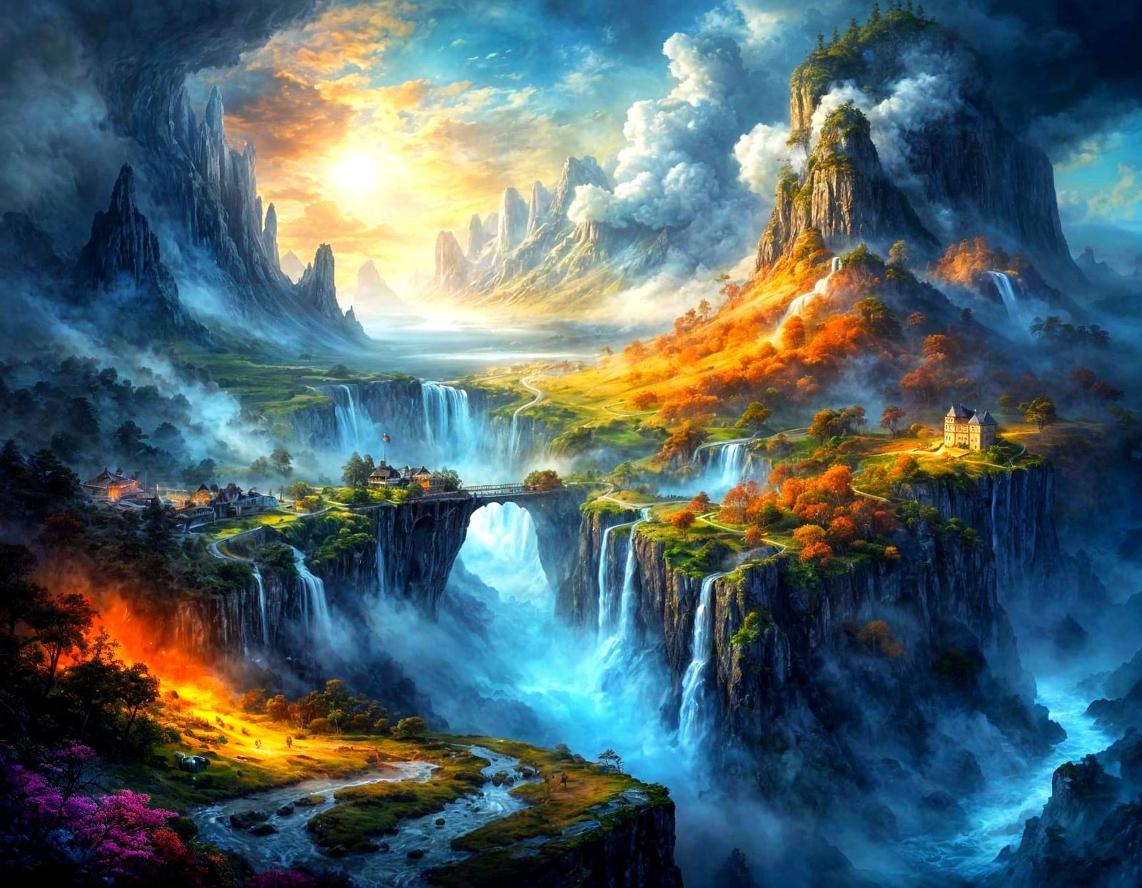 Magical Fantasy Cliffside Landscape with Colorful Waterfall