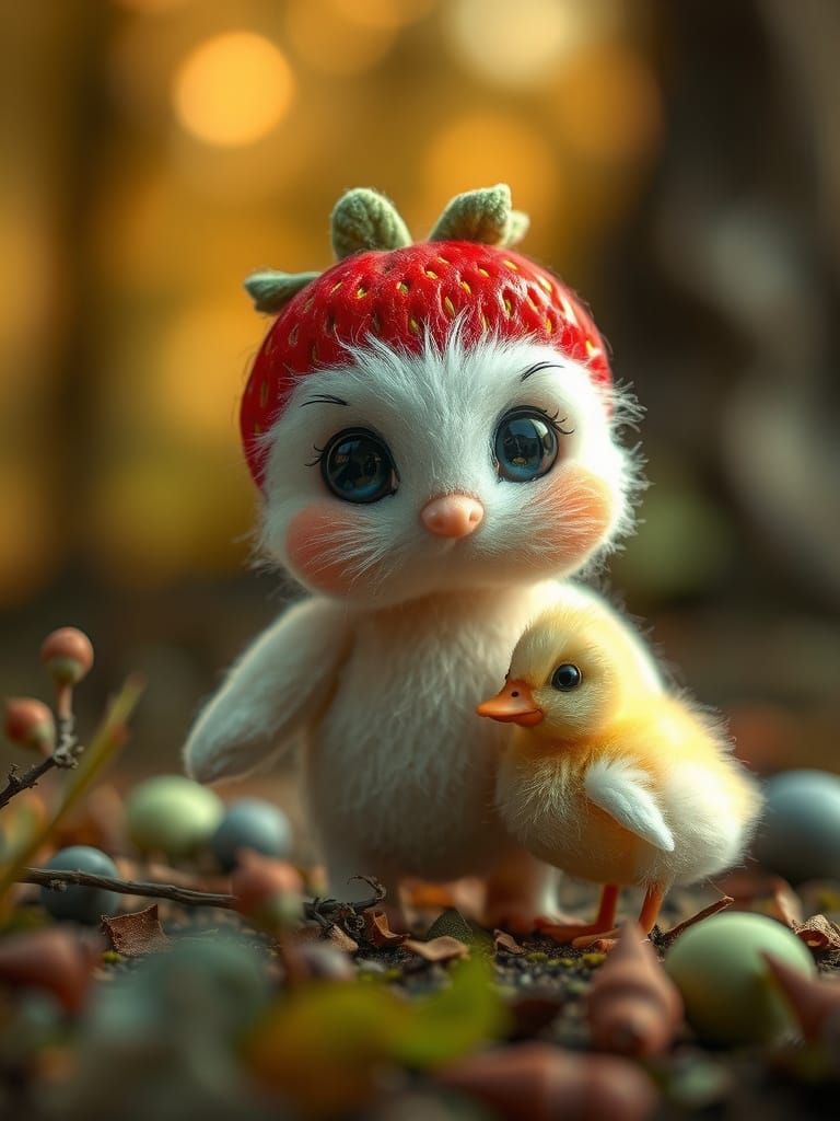 Whimsical Strawberry Creature in Enchanted Forest