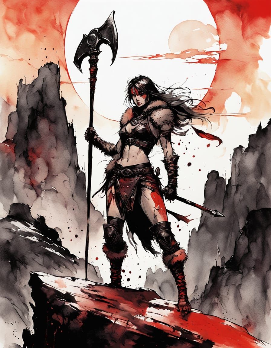 Barbarian Woman with Battleaxe in D&D Art Style