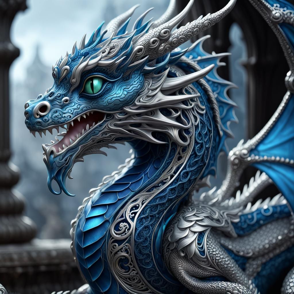 Intricate Blue and Silver Dragon Digital Painting