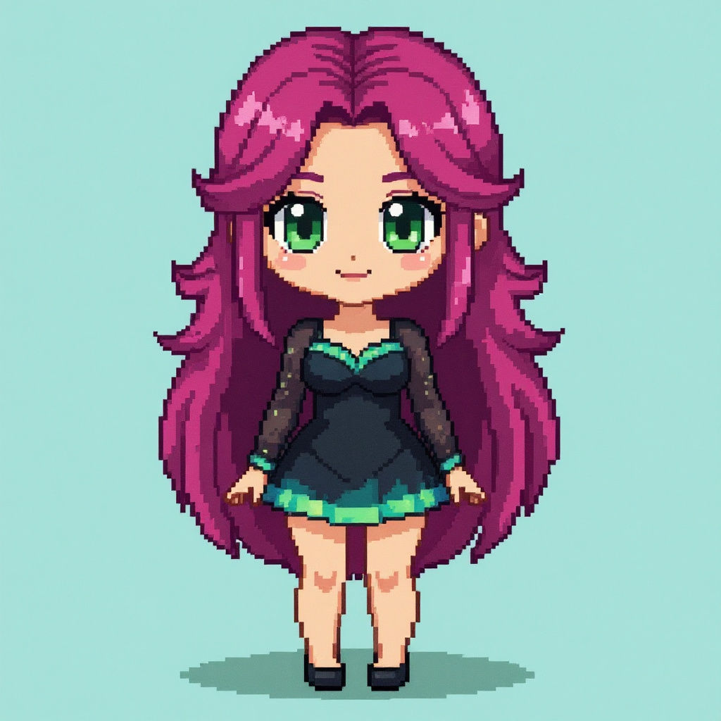 Chibi NES Sprite: Magenta Hair, Green Eyes, Black Dress