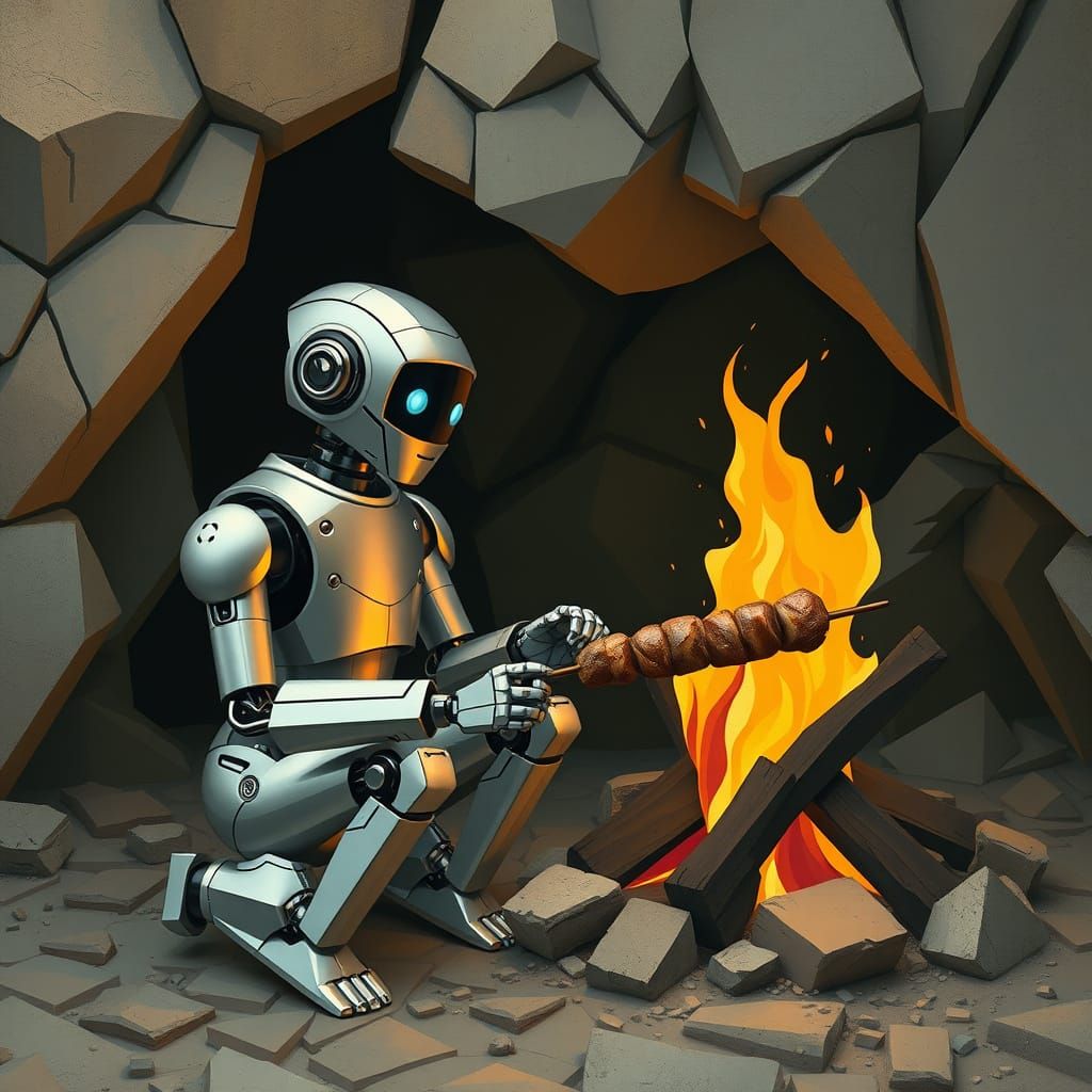 Robot Grilling Skewer in Cubist Futuristic Style