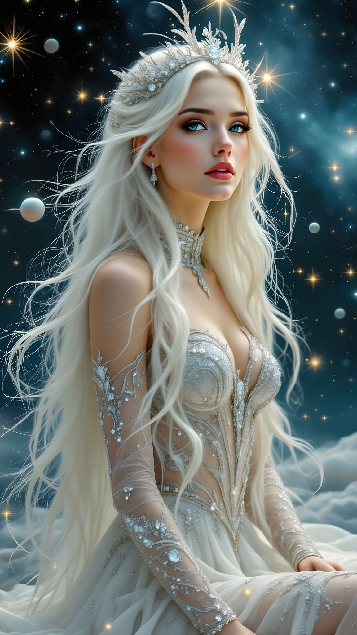 Ethereal Space Woman in Futuristic Dress with Stars