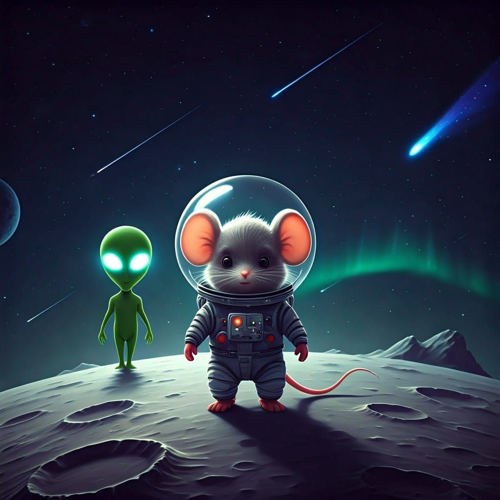 Chibi Mouse Astronaut Moonwalk with Alien
