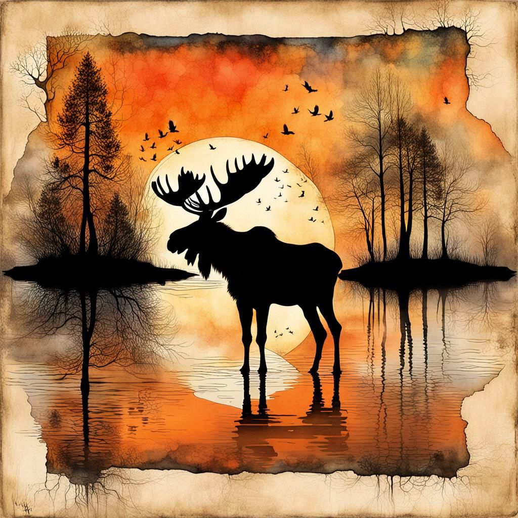 Moose in the river at sunset