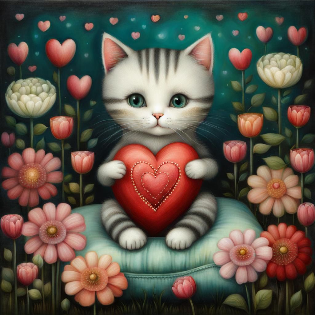 Cute Cat Surrounded by Flowers, Surreal Illustration