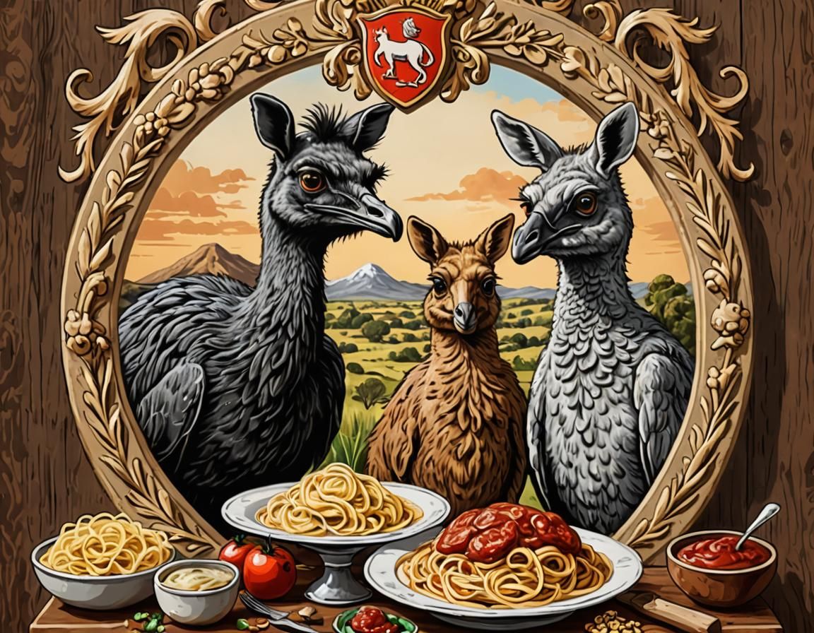 Emu and Kangaroo Coat of Arms in Naive Style