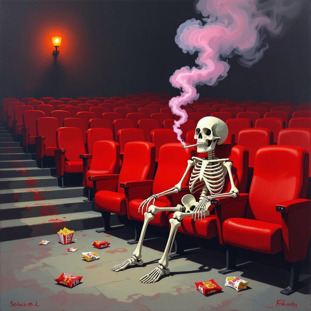 Surreal Skeleton Enjoys Empty Cinema in Dreamlike Style