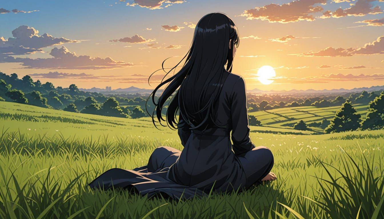 Anime Girl in Field at Sunrise