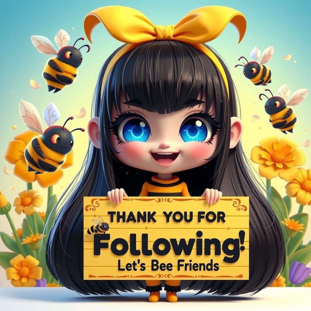 Vibrant Digital Bee Girl with Whimsical Friends