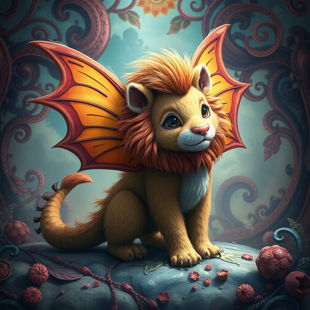Whimsical Lion Butterfly Dragon in Dreamlike Environment