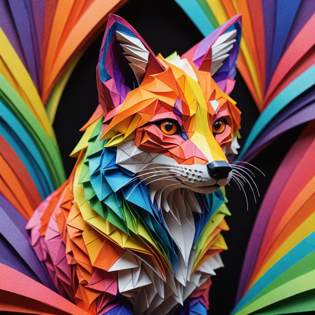 Neon Rainbow Origami Fox Papercraft in 8K