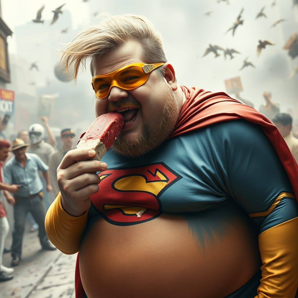a fat, sloppy man dressed as the world's worst superhero, eating an ice cream bar while chaos ensues in the background