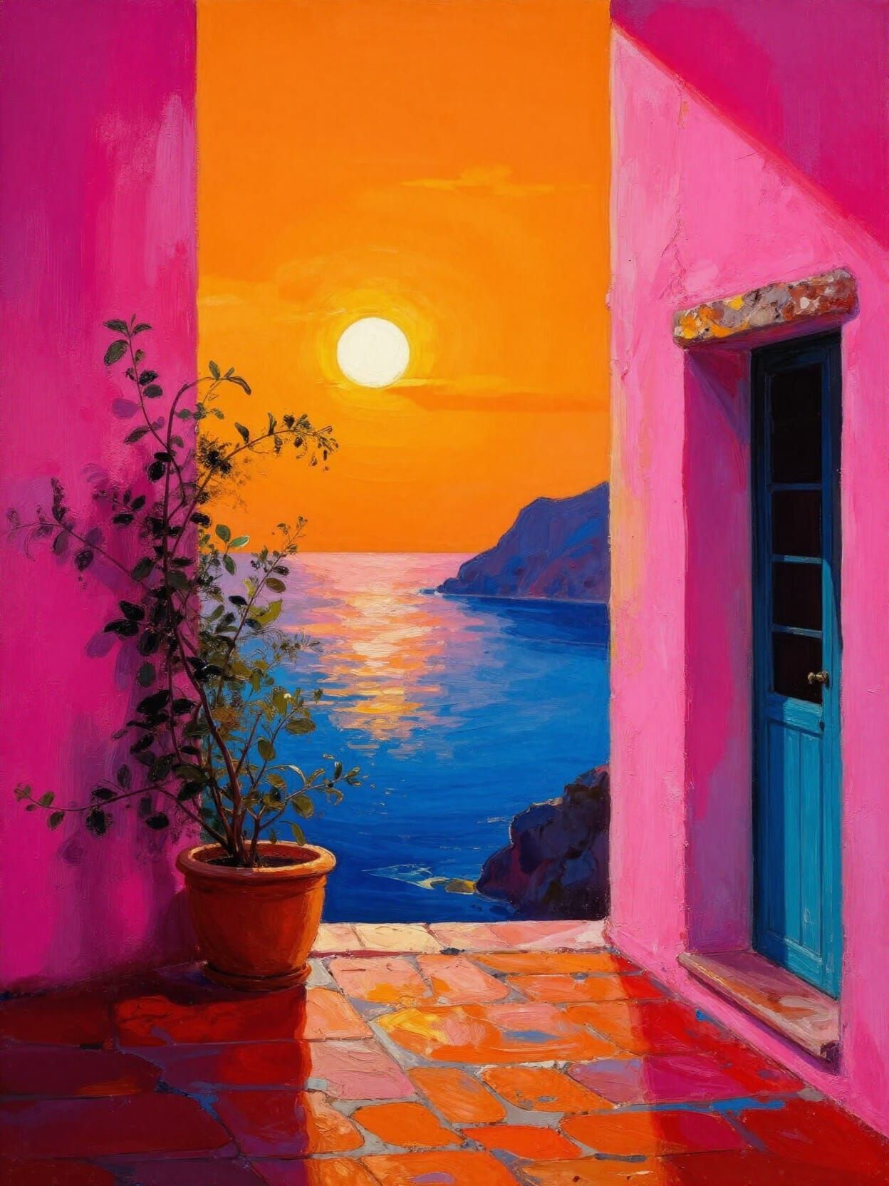 Mediterranean Courtyard Sunset Painting with Pink Walls
