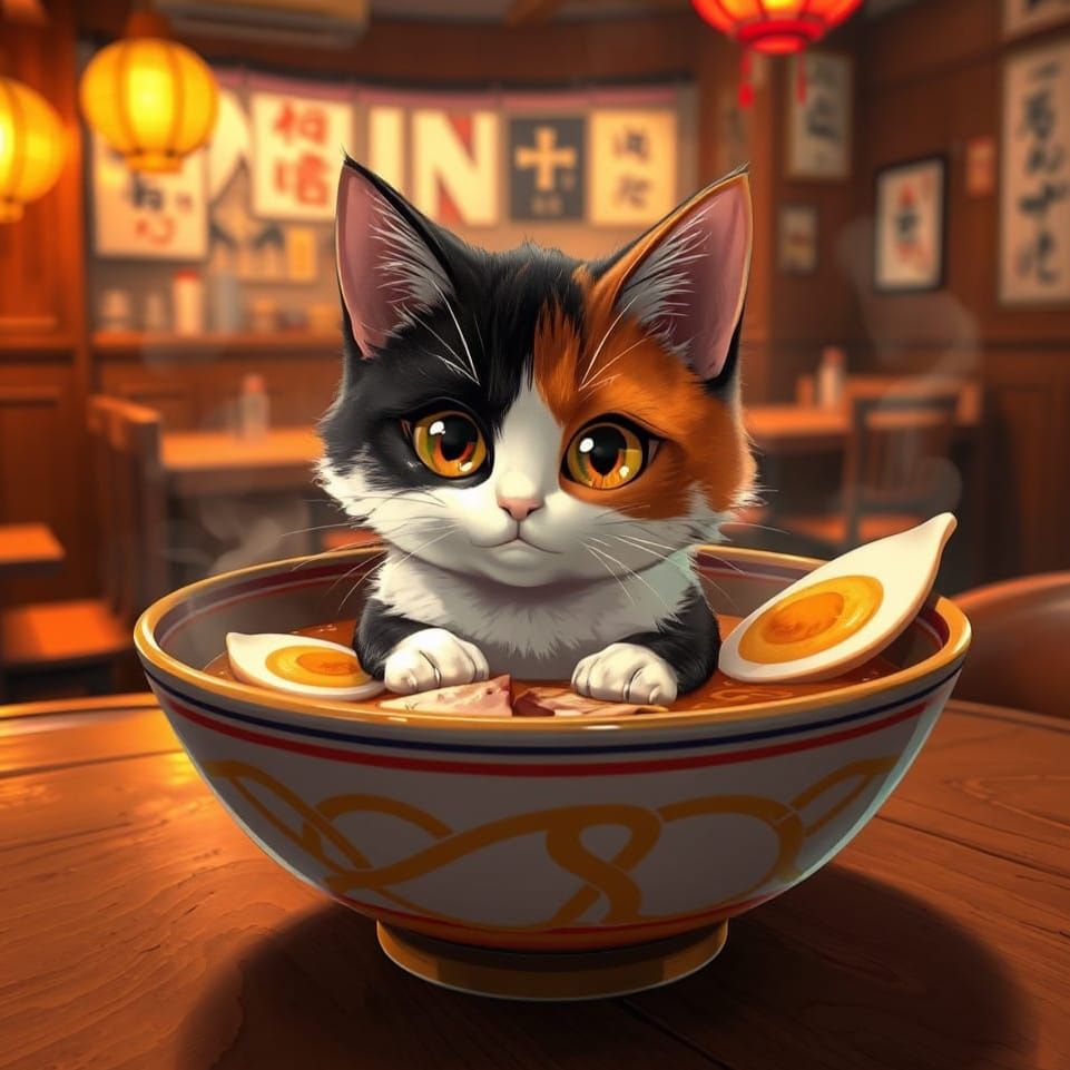 Cute Calico Cat in Ramen Shop